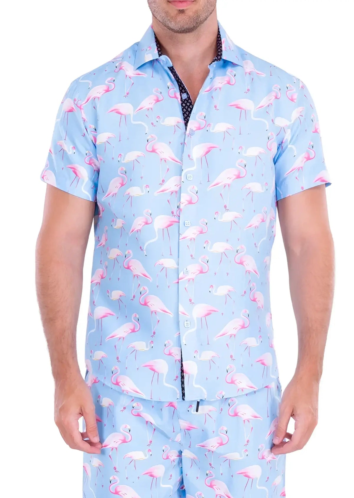 Light blue flocktail hour short-sleeved button-up shirt with pink flamingo pattern perfect for casual wear