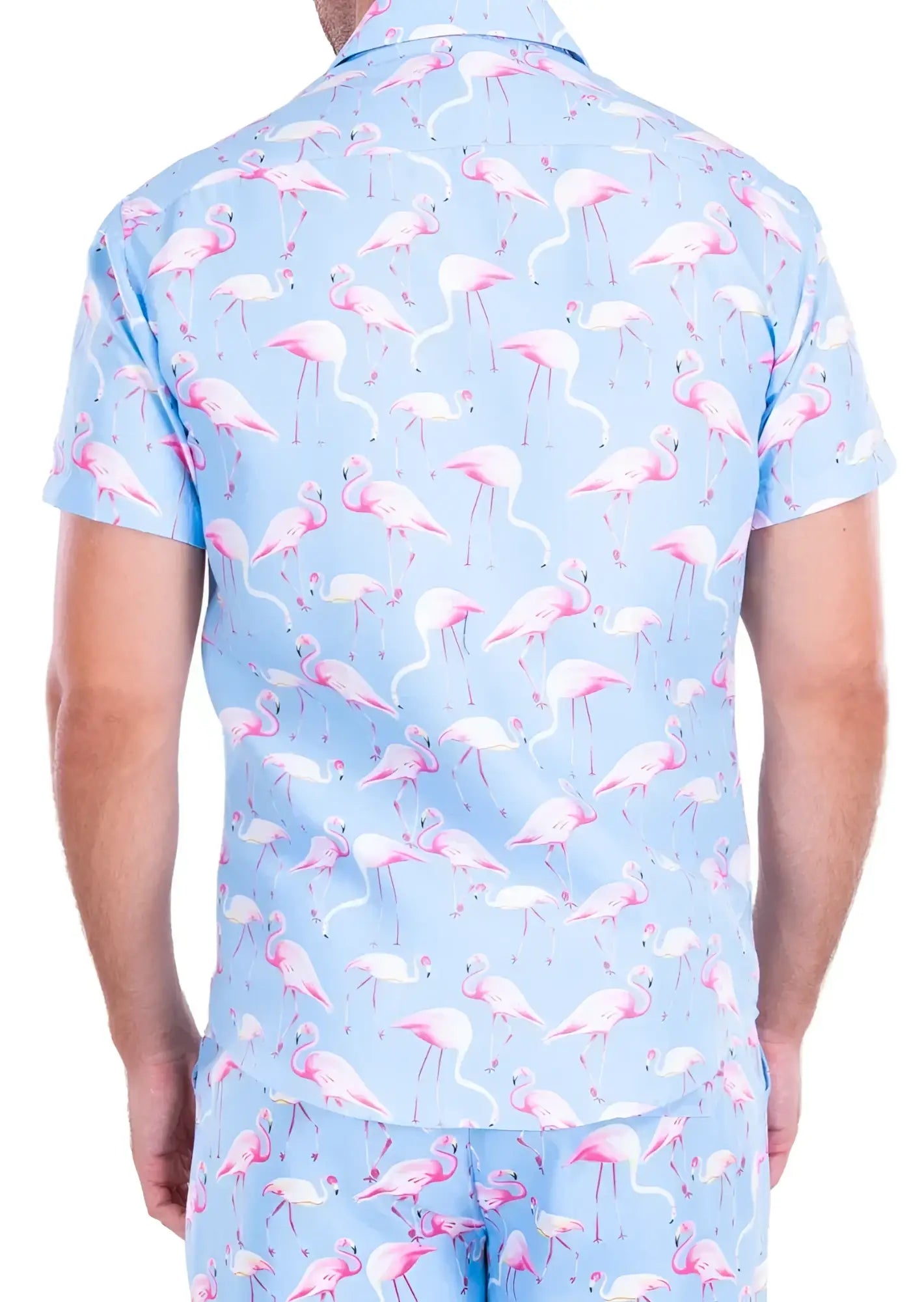 Light blue short-sleeved flocktail hour s s shirt with playful pink flamingo pattern perfect for casual wear