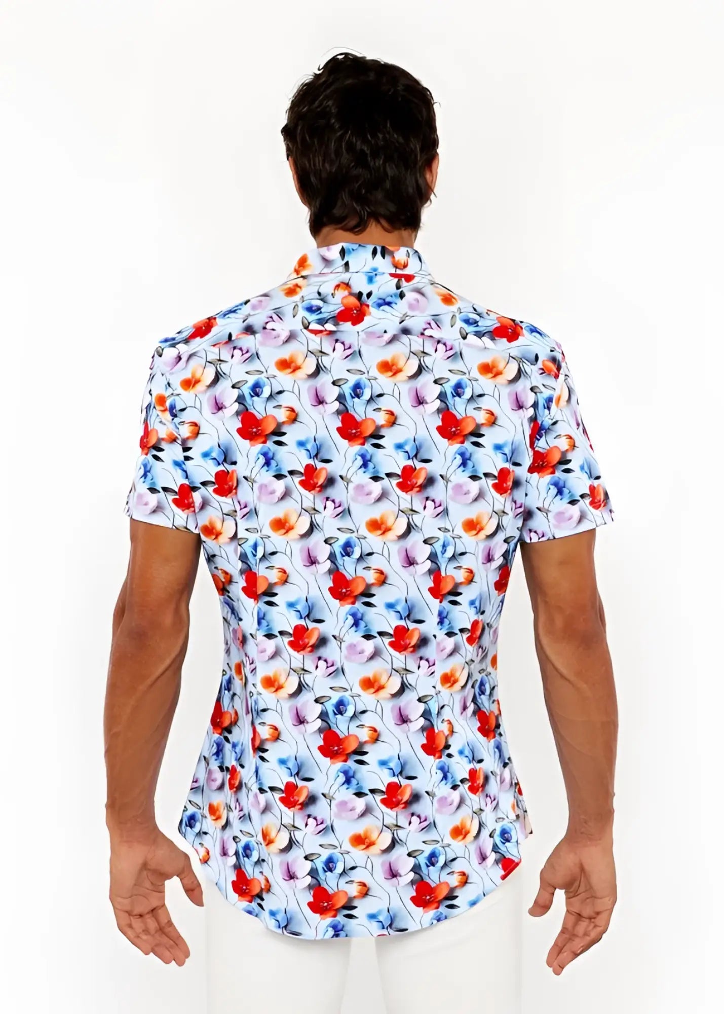 Floral 3d print stretch knit shirt vibrant short-sleeved men’s shirt with red orange blue purple floral pattern on light blue