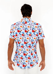 Floral 3d print stretch knit shirt vibrant short-sleeved men’s shirt with red orange blue purple floral pattern on light blue