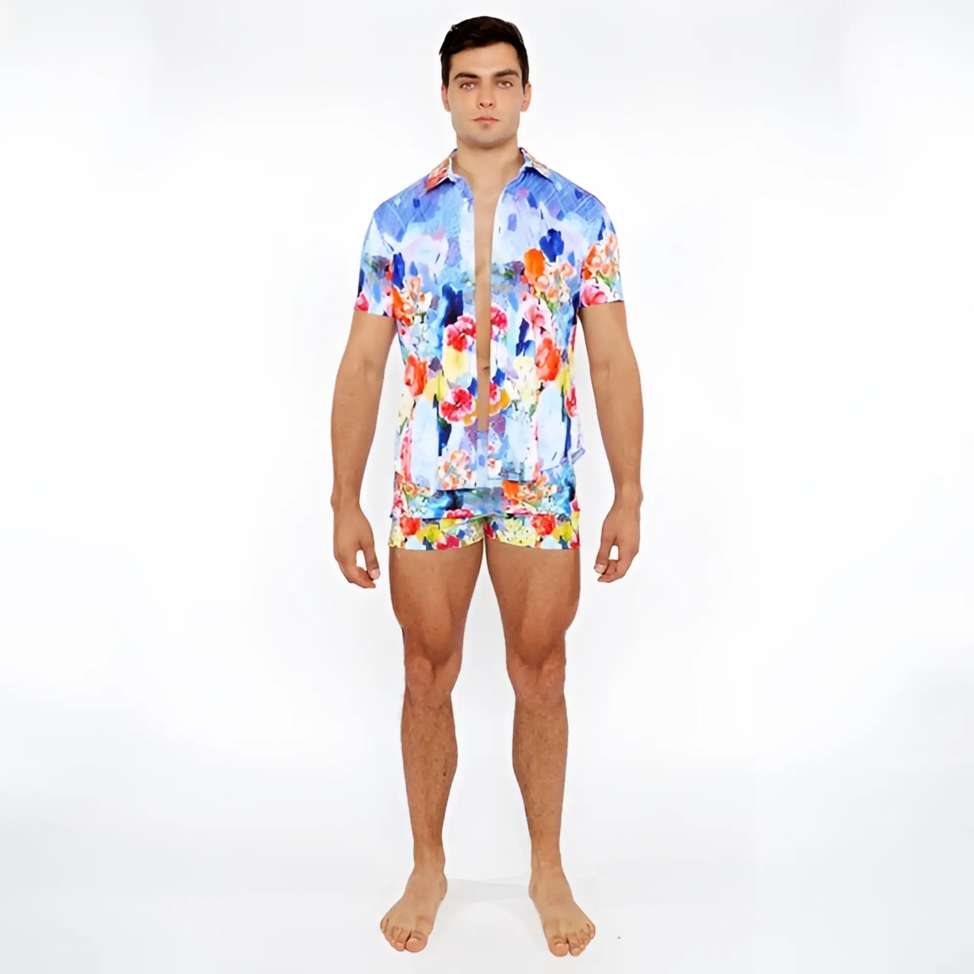 Vibrant blue red and yellow floral abstract printed swim short with matching short-sleeved button-up shirt
