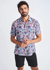 A vibrant purple and blue floral patterned lightweight linen tencel short-sleeved button-up shirt