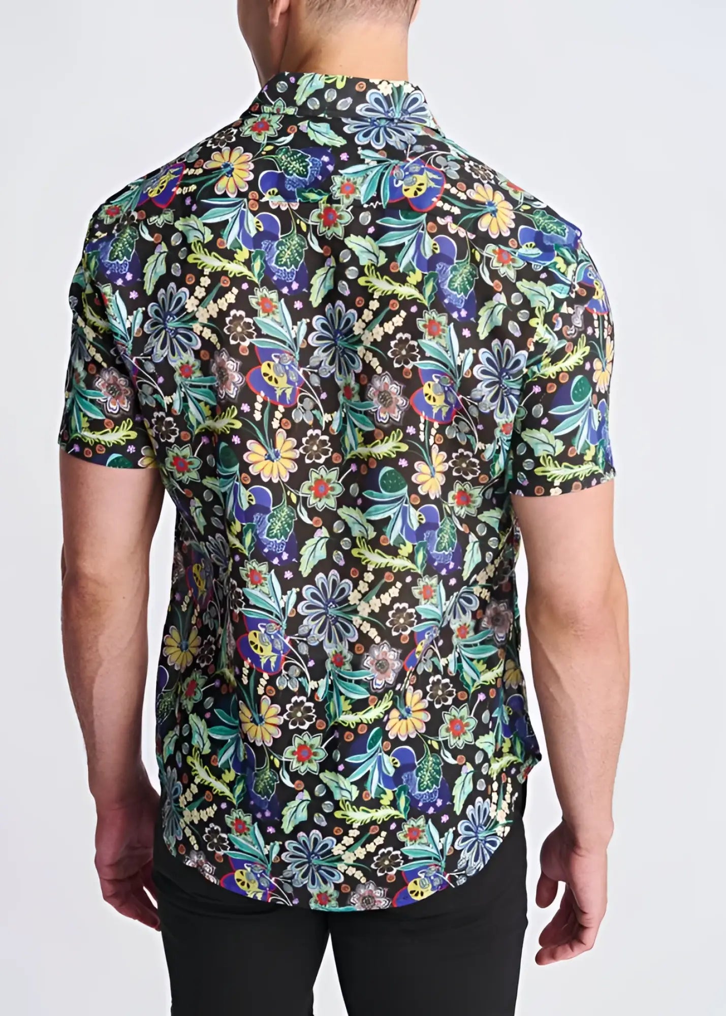 Floral lightweight linen tencel short-sleeve shirt with vibrant blue green yellow and purple floral pattern on black
