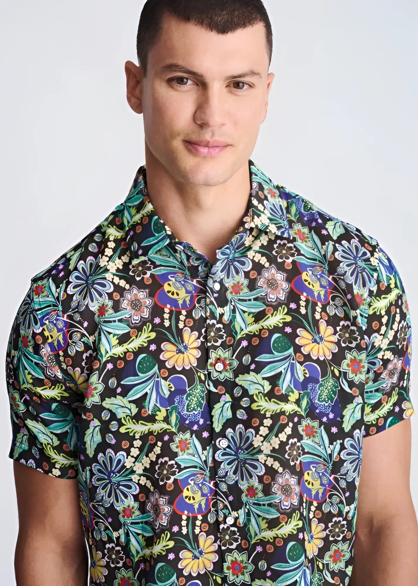 Floral lightweight linen tencel short sleeve shirt with vibrant green blue yellow and purple floral pattern