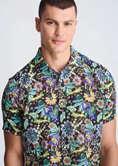 Floral lightweight linen tencel short sleeve shirt with vibrant green blue yellow and purple floral pattern