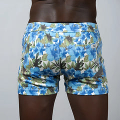 Floral print linen texture shorts with blue and green floral pattern and textured fabric for casual summer wear