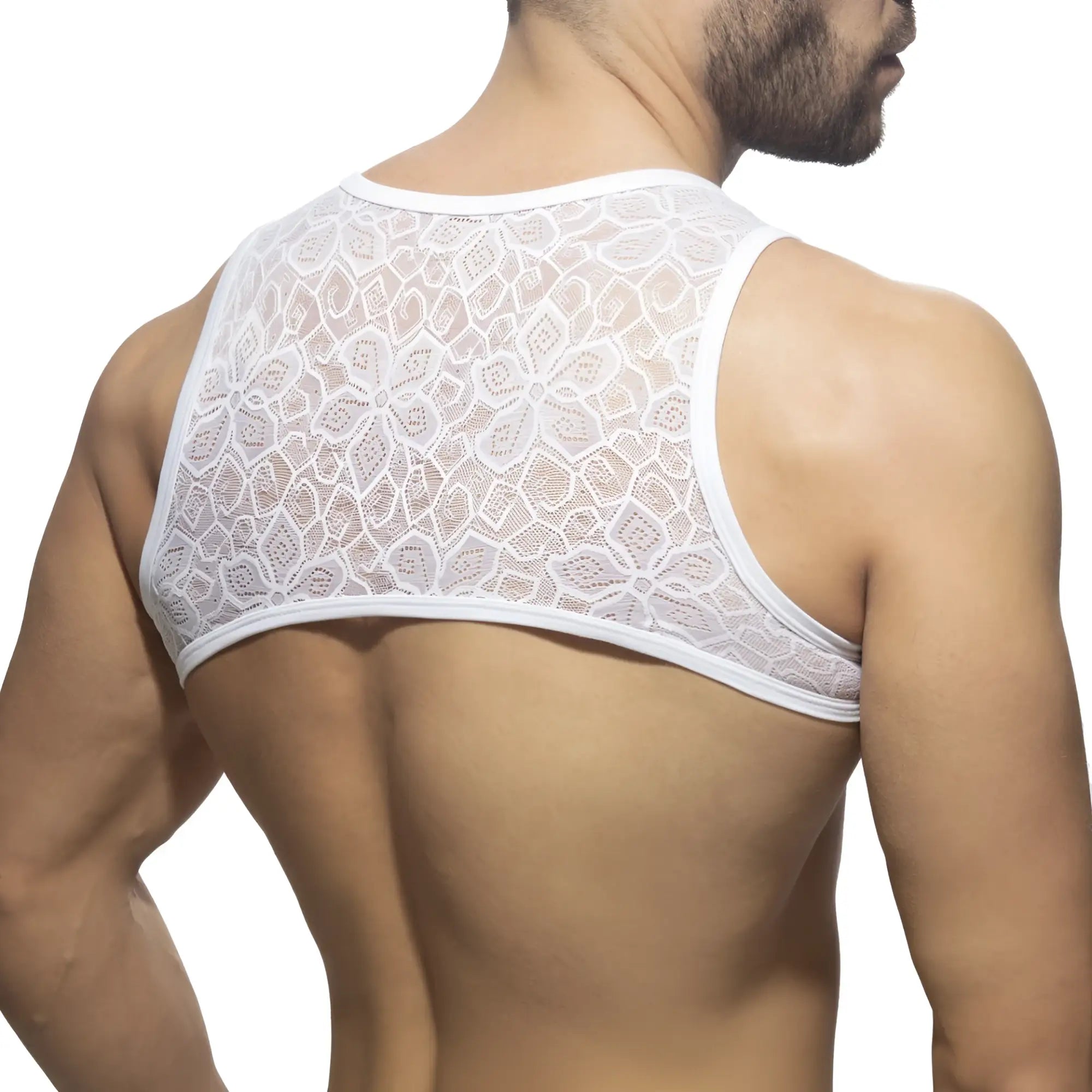 White floral lace harness tank top featuring delicate lace material and a floral design for stylish wear