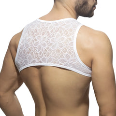 White floral lace harness tank top featuring delicate lace material and a floral design for stylish wear