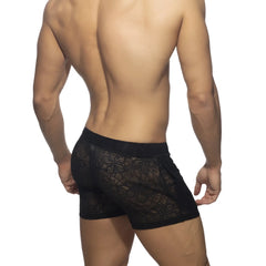 Black lace boxer briefs with an intricate geometric pattern from the flowery lace short collection