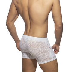 White lace-trimmed men’s briefs with a delicate floral pattern and solid white waistband from flowery lace short collection