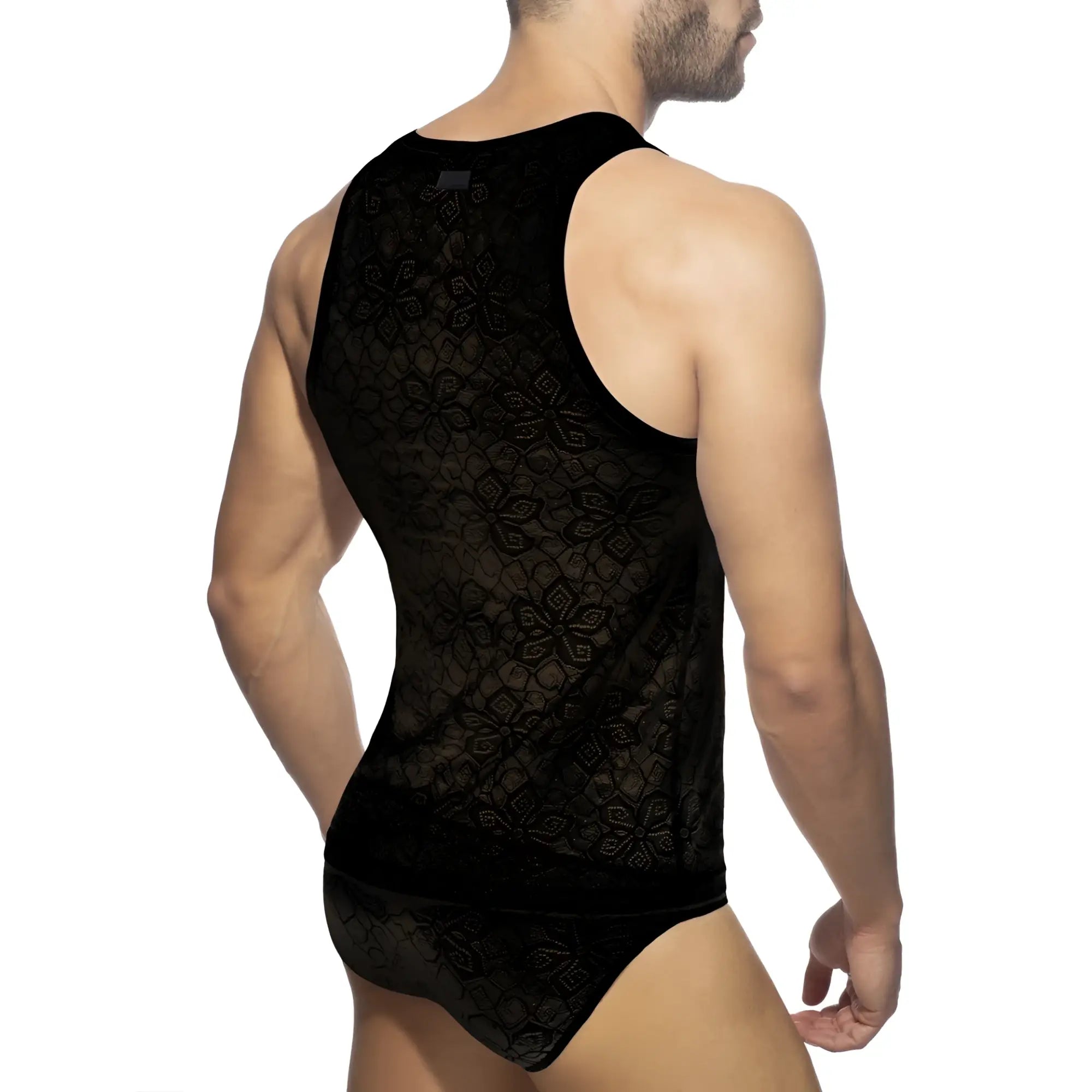Black lace tank top with intricate floral patterns made from delicate lace fabric for stylish summer wear