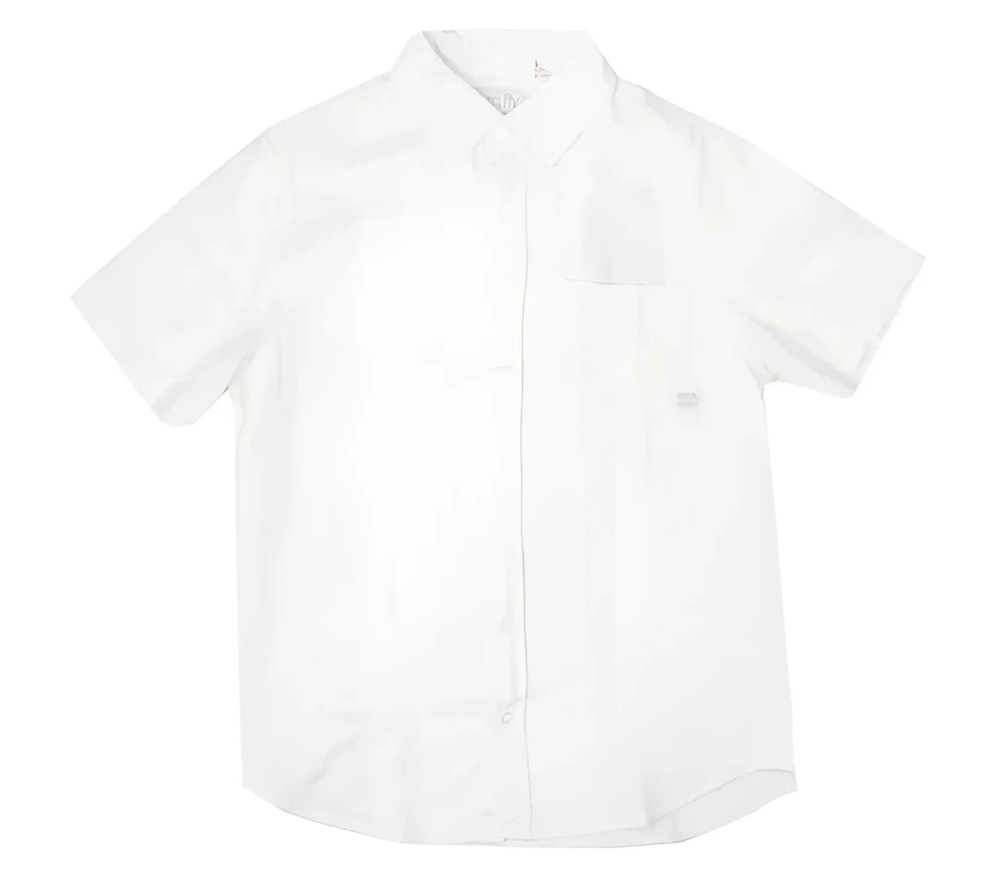 A crisp white fly linen shirt with short sleeves classic collar and subtle texture perfect for casual wear