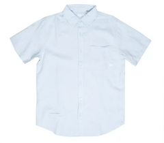 A crisp white short-sleeved fly linen shirt with a classic collar and chest pocket made from breathable fabric