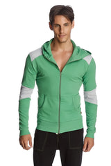 Form-fit crossover yoga track performance hoodie in bamboo green and grey with zip-up front pockets and ribbed cuffs