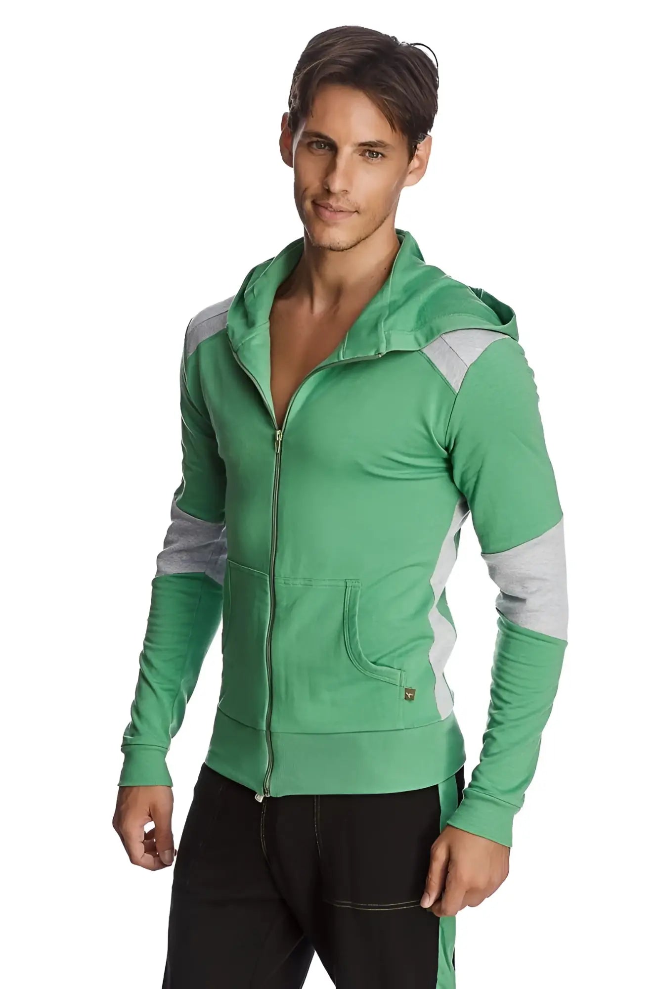 Form-fit crossover yoga track performance hoodie with green zip-up and gray panel accents made from bamboo fabric
