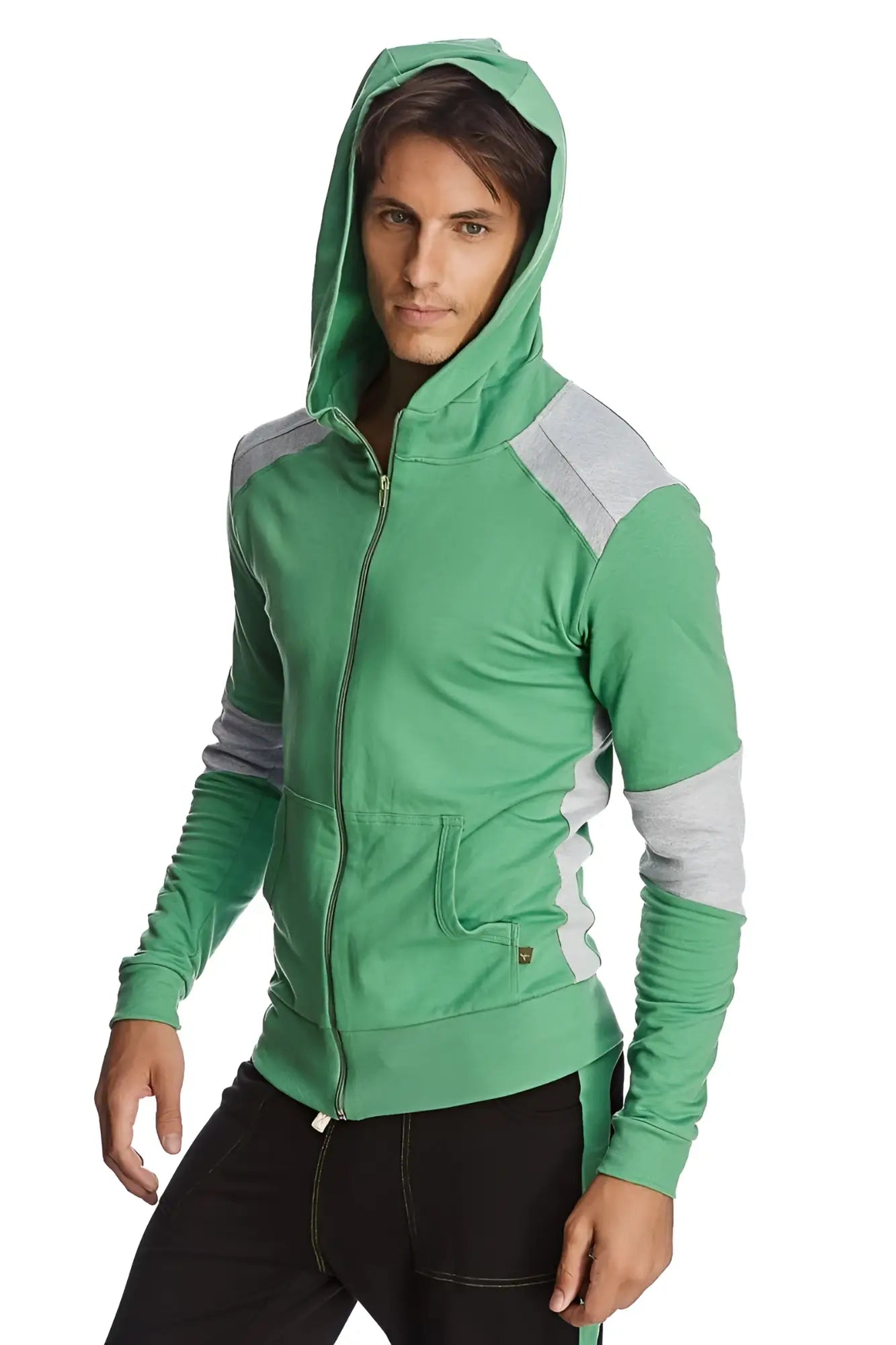 Form-fit crossover yoga track performance hoodie in bamboo green with gray panel accents for active wear
