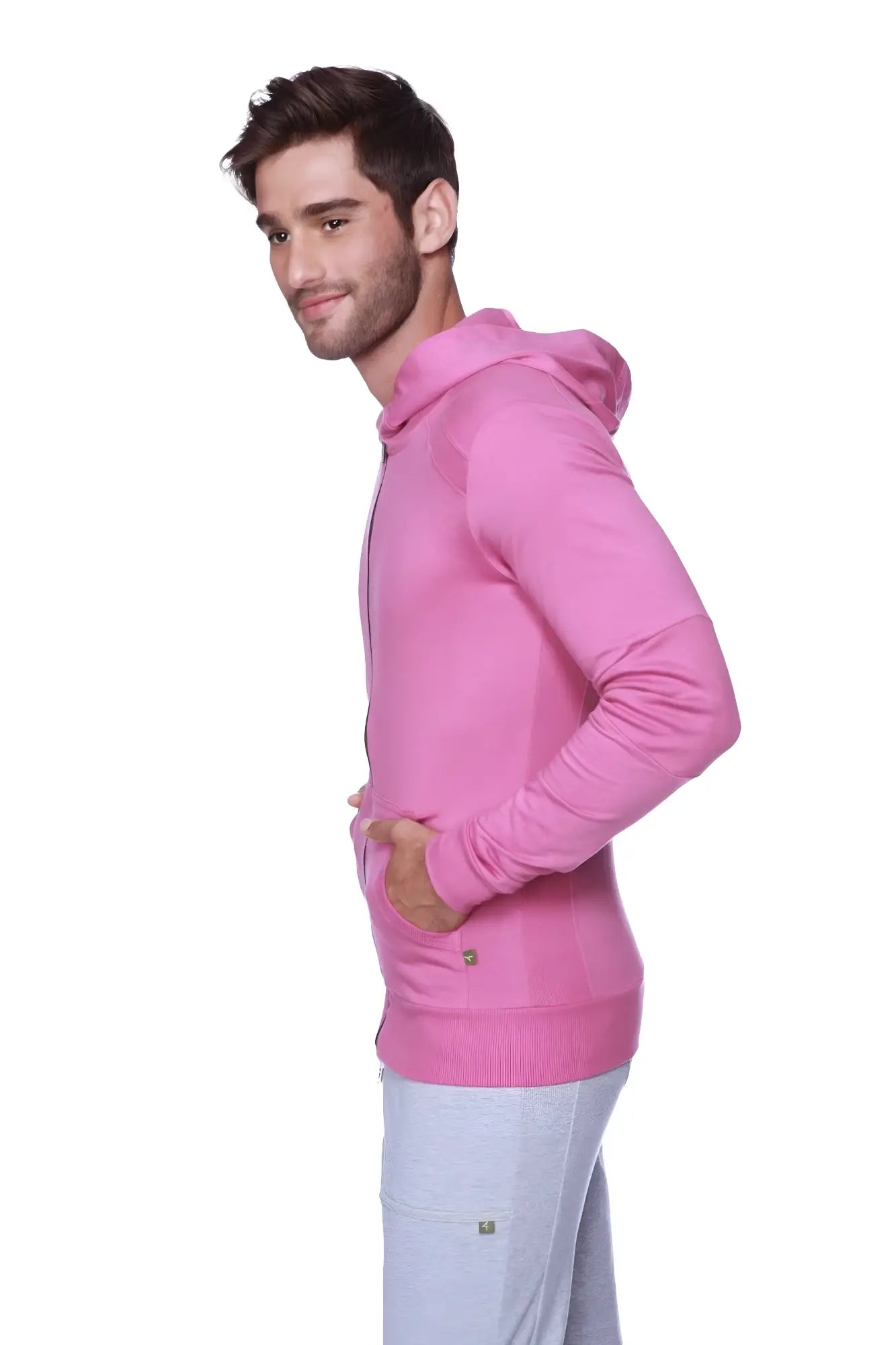 A vibrant berry pink long-sleeved form-fit crossover yoga track hoodie with drawstring hood and front pockets