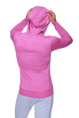 A vibrant berry pink long-sleeved form-fit crossover yoga track performance hoodie with ribbed cuffs