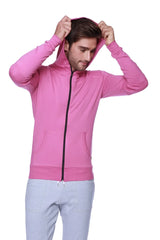 A vibrant berry pink form-fit crossover yoga track performance hoodie with black zipper and front pockets