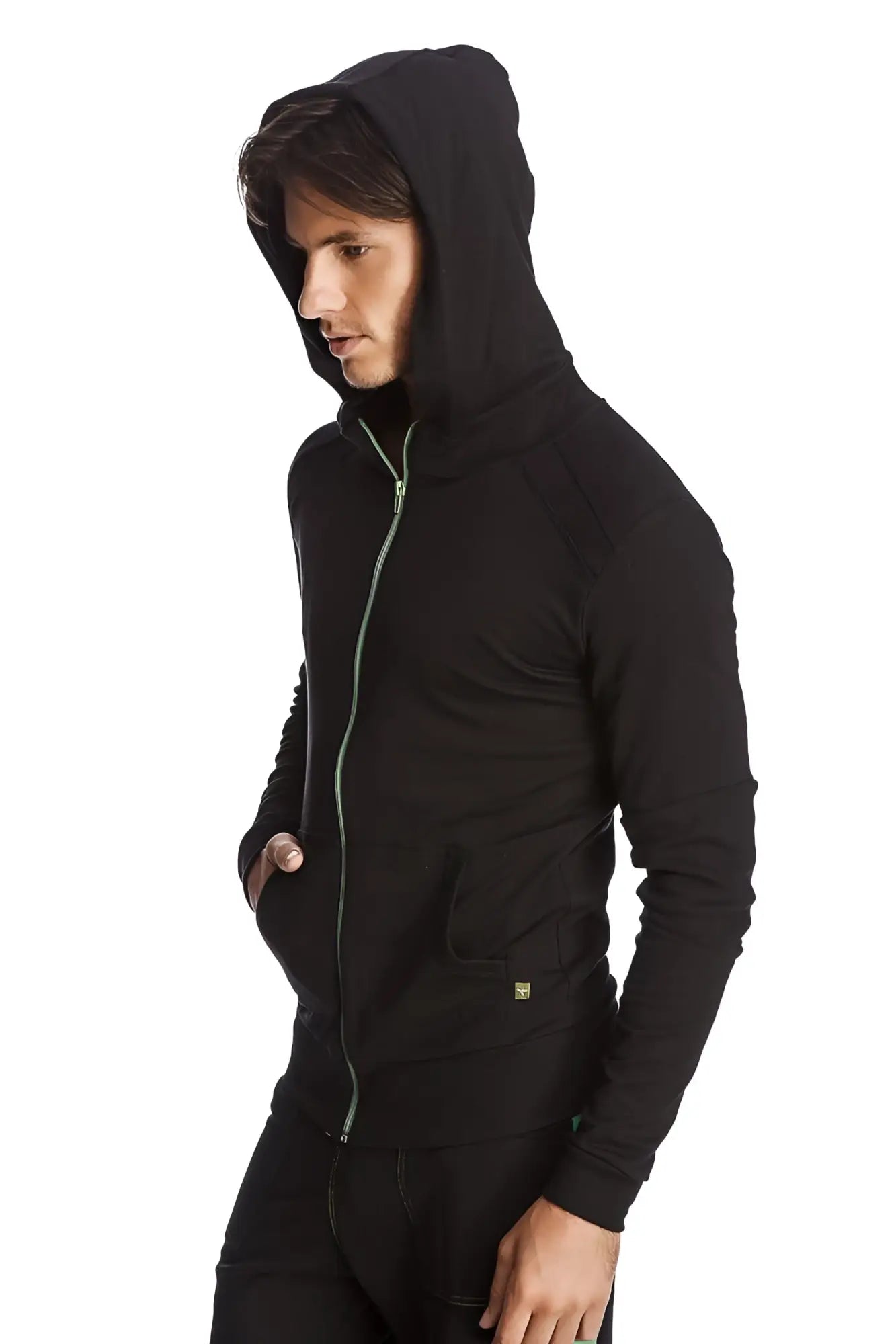 Black form-fit crossover yoga track performance hoodie with sleek minimalist design and subtle gray zipper trim