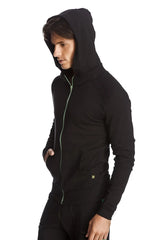 Black form-fit crossover yoga track performance hoodie with sleek minimalist design and subtle gray zipper trim