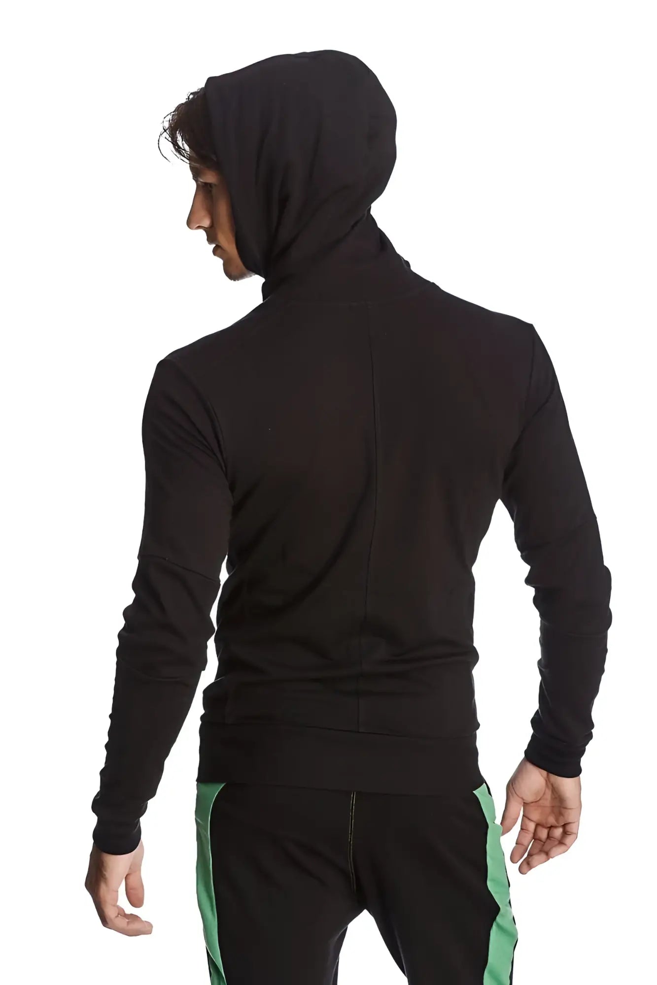 Black form-fit crossover yoga track performance hoodie back view with hood long sleeves and subtle seam detail