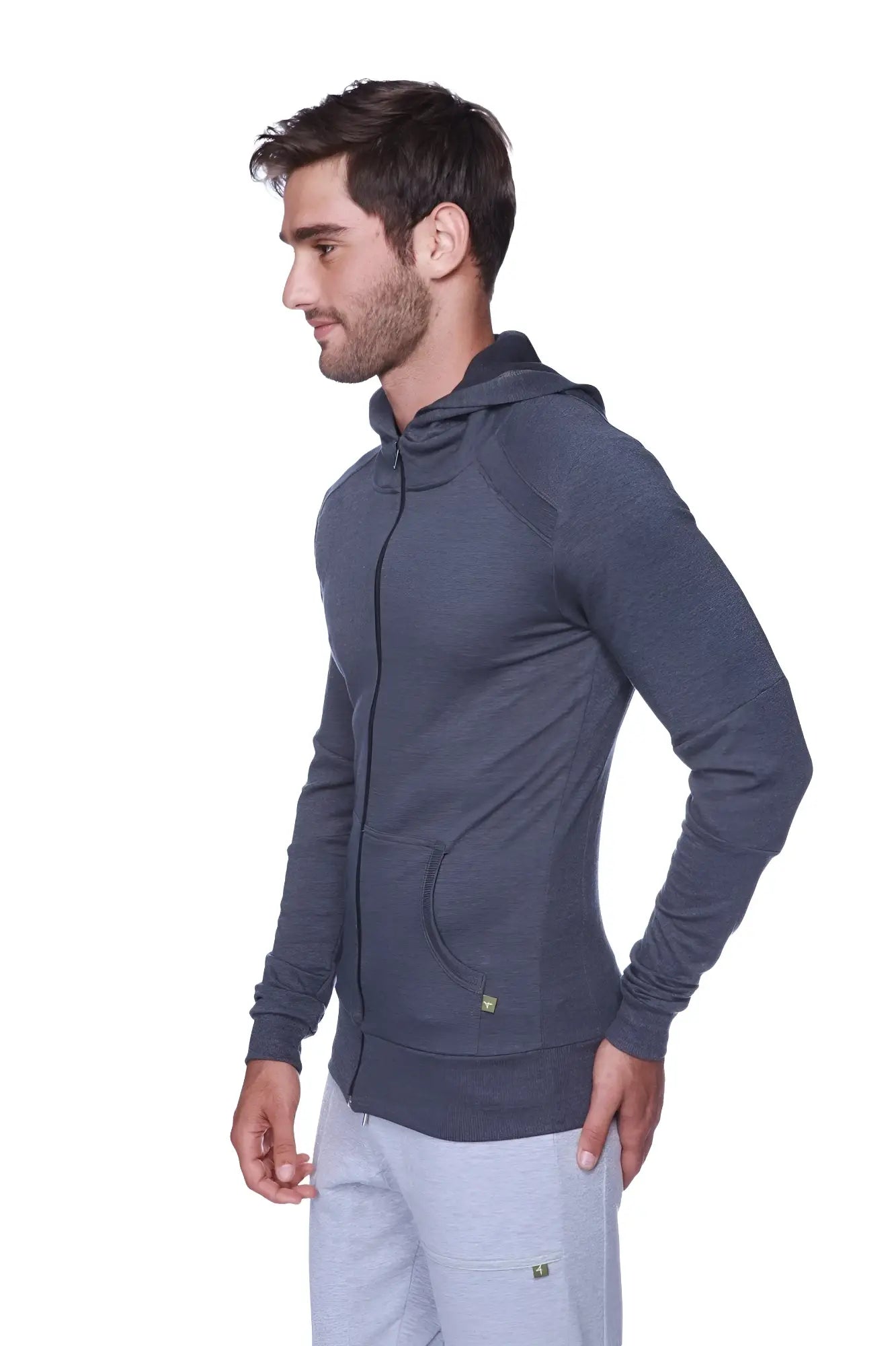 Dark gray heathered form-fit crossover yoga track performance hoodie with subtle textured fabric and matching drawstring hood