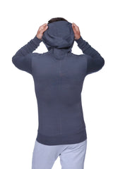 Dark gray form-fit crossover yoga track hoodie with textured fabric and long sleeves for performance use