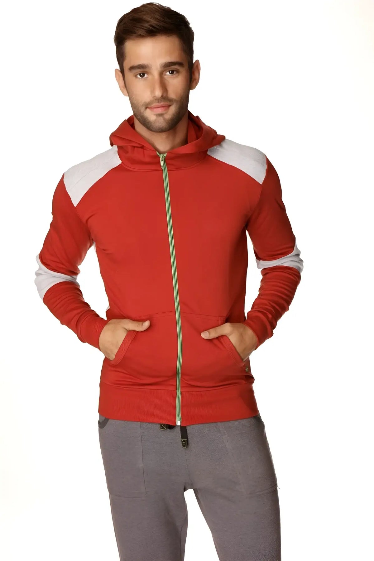 Red and white color-blocked form-fit crossover yoga track hoodie with gold zipper in cinnabar grey for performance