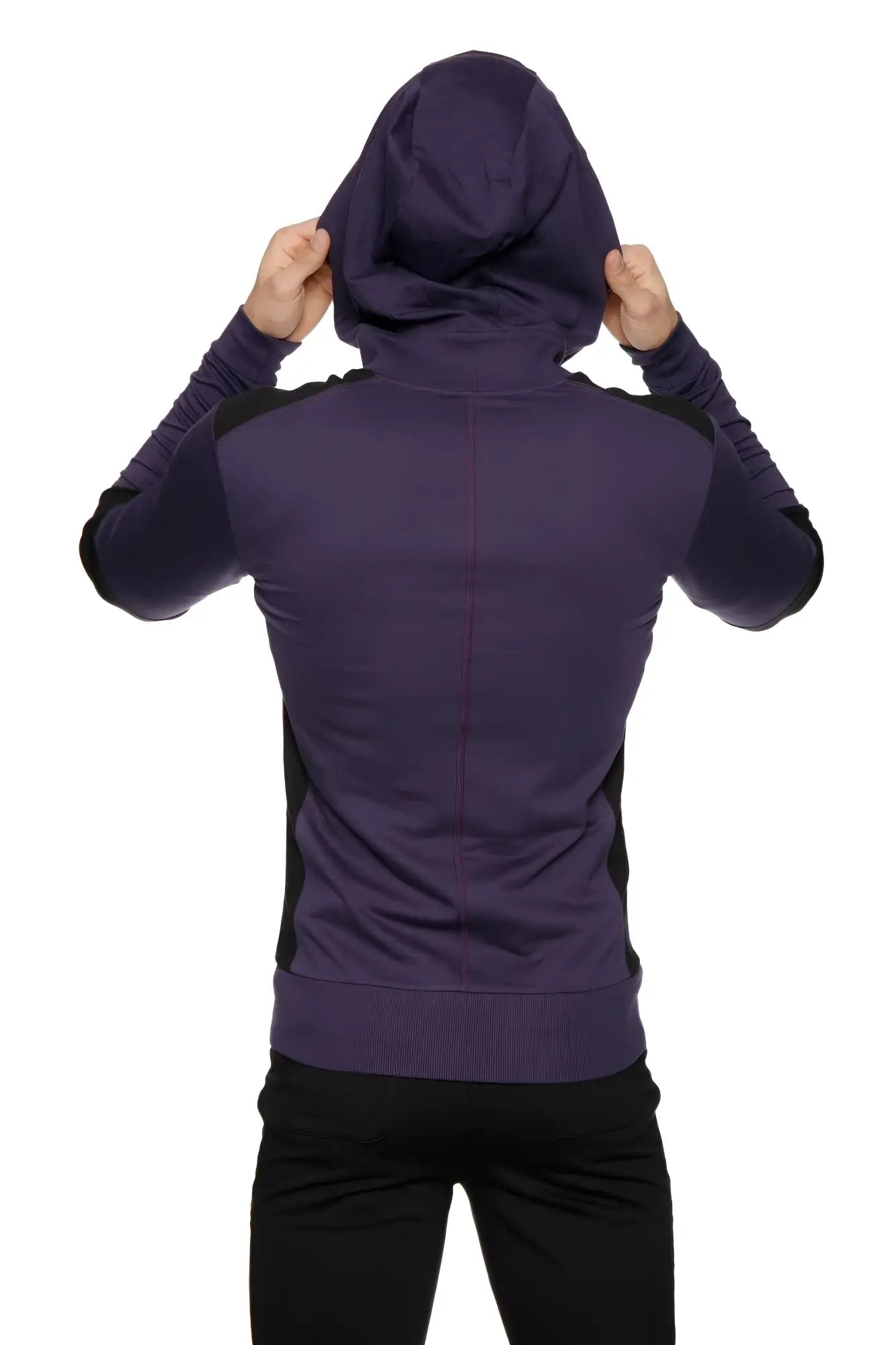 Form-fit crossover yoga track performance hoodie in eggplant and black with sleek dark purple and black design