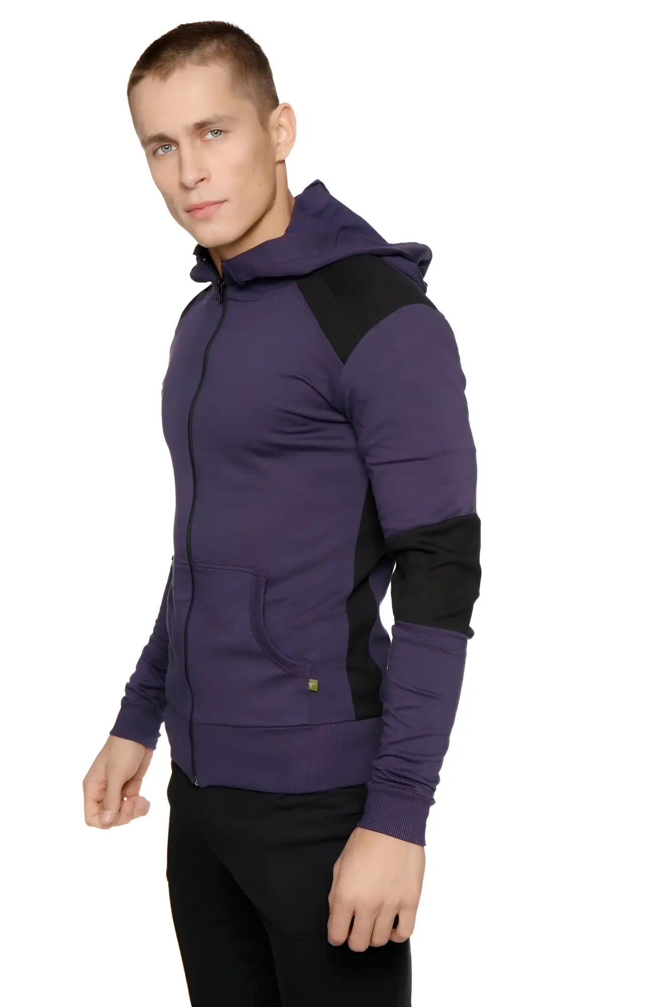Form-fit crossover yoga track performance zip-up hoodie in eggplant and black with contrasting shoulder and sleeve panels