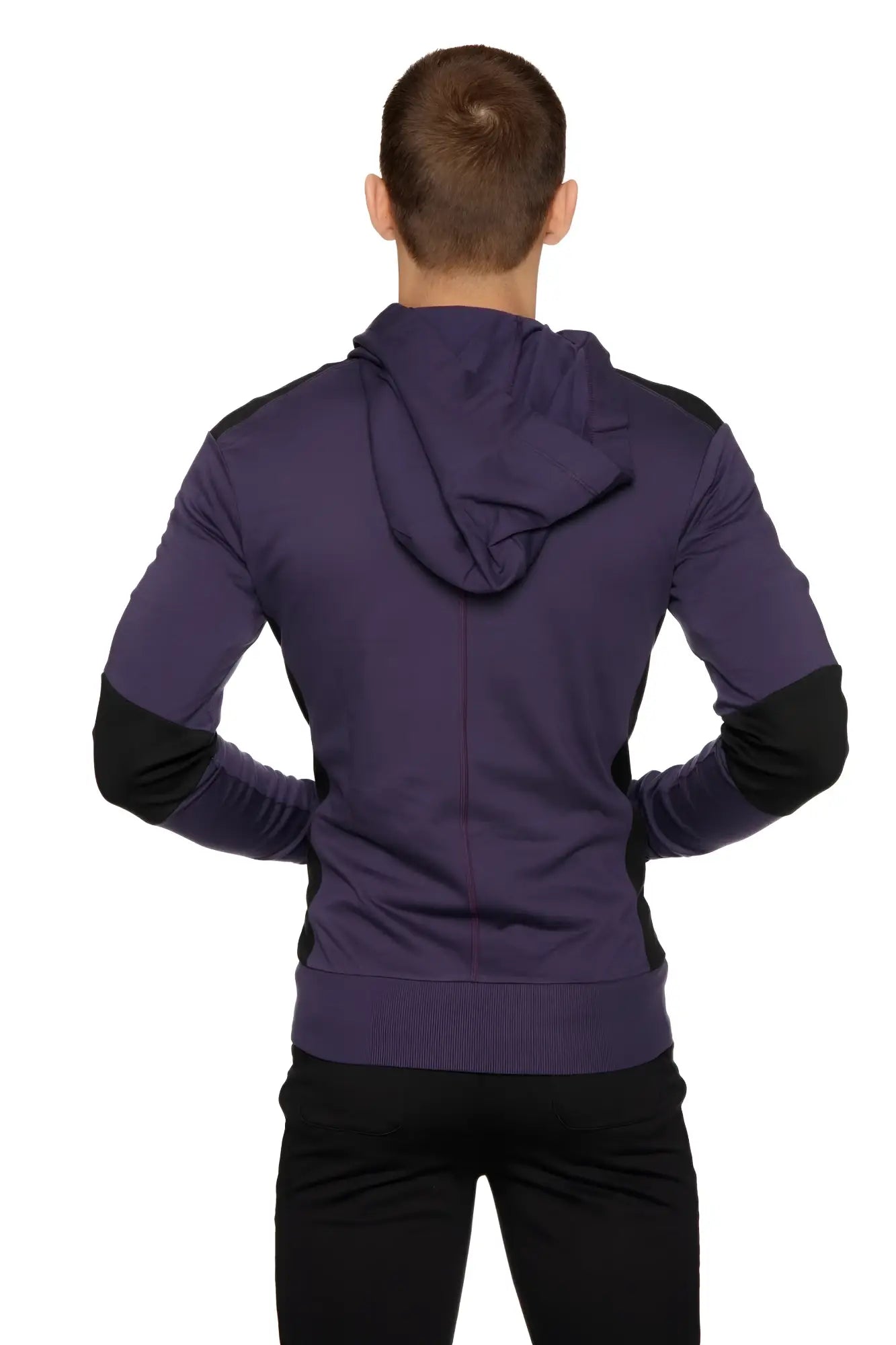 Form-fit crossover yoga track performance hoodie in eggplant and black with zip-up and contrasting sleeve panels