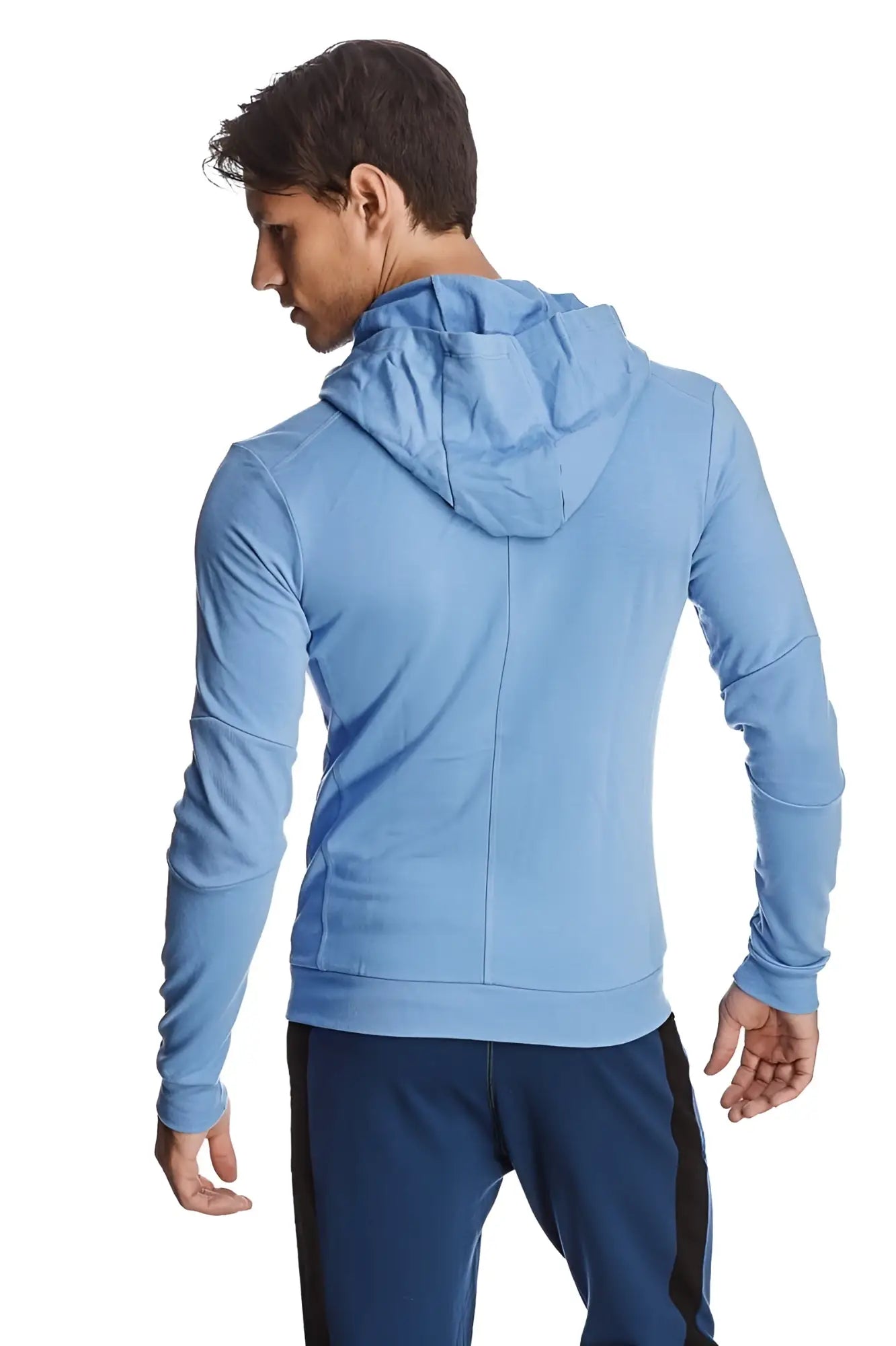 Light blue long-sleeved hooded zip-up jacket with athletic cut for yoga and track performance in ice blue