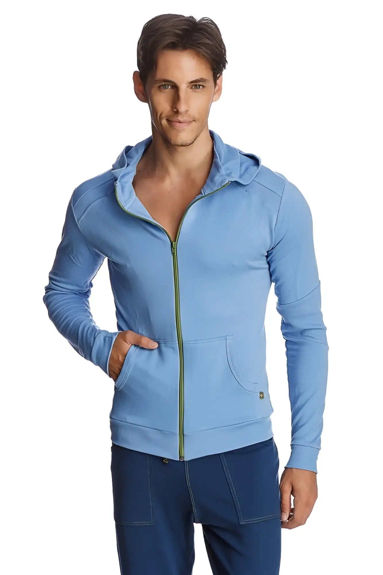 Form-fit crossover yoga track performance hoodie in ice blue with green zipper trim and front pockets for active wear
