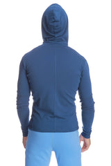 Blue hooded long-sleeve form-fit crossover yoga track performance hoodie with central back seam in royal blue shown from back