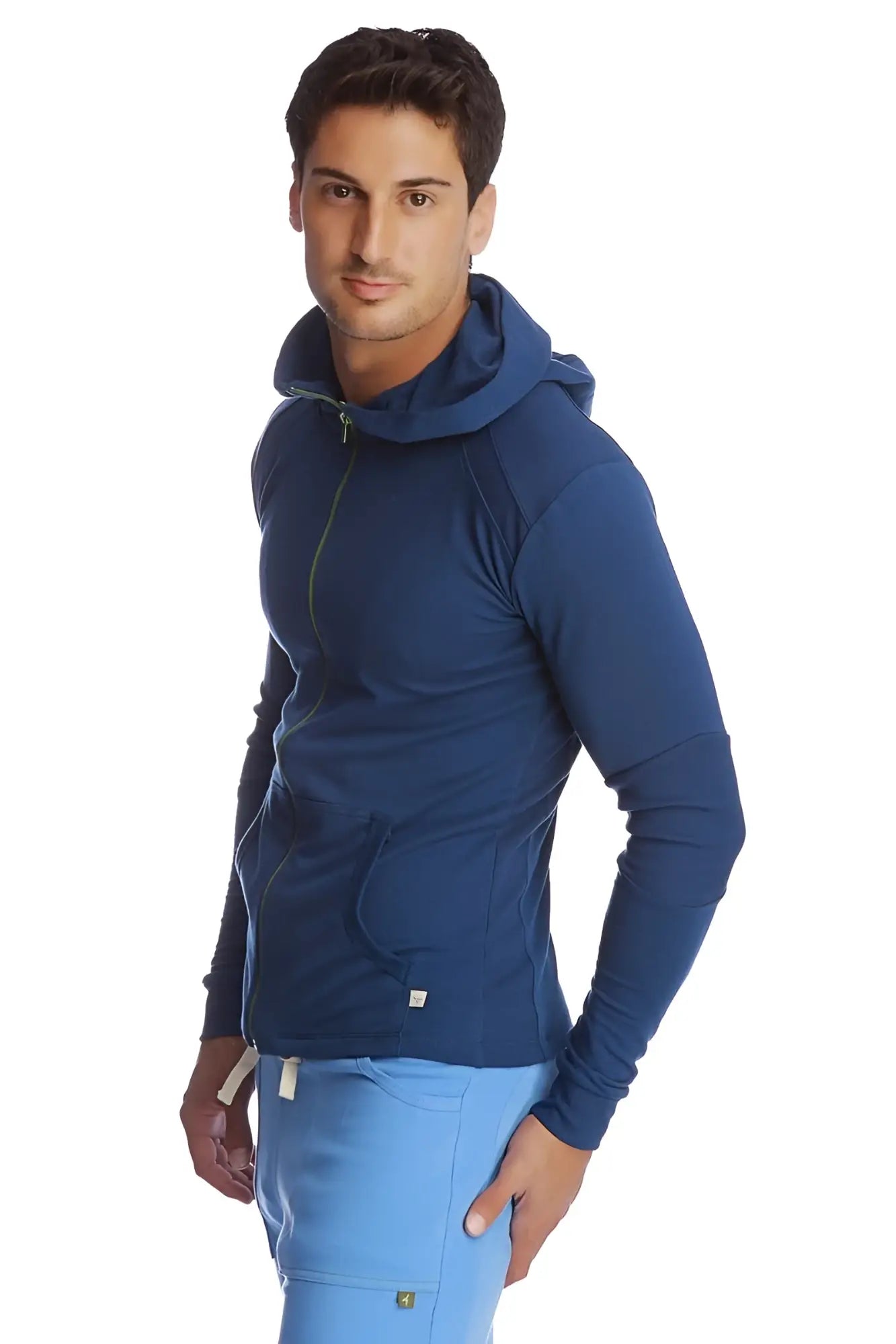 Navy blue form-fit crossover yoga track performance hoodie with zip front and subtle textured fabric for activewear