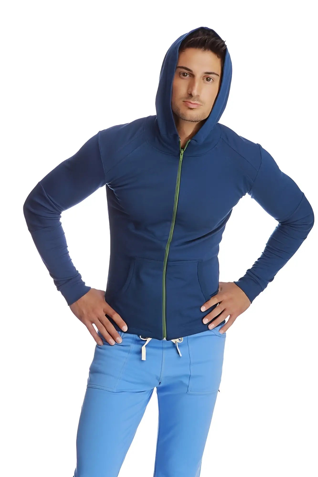Form-fit crossover yoga track performance hoodie in navy blue with lime green zipper and white drawstrings for workout use