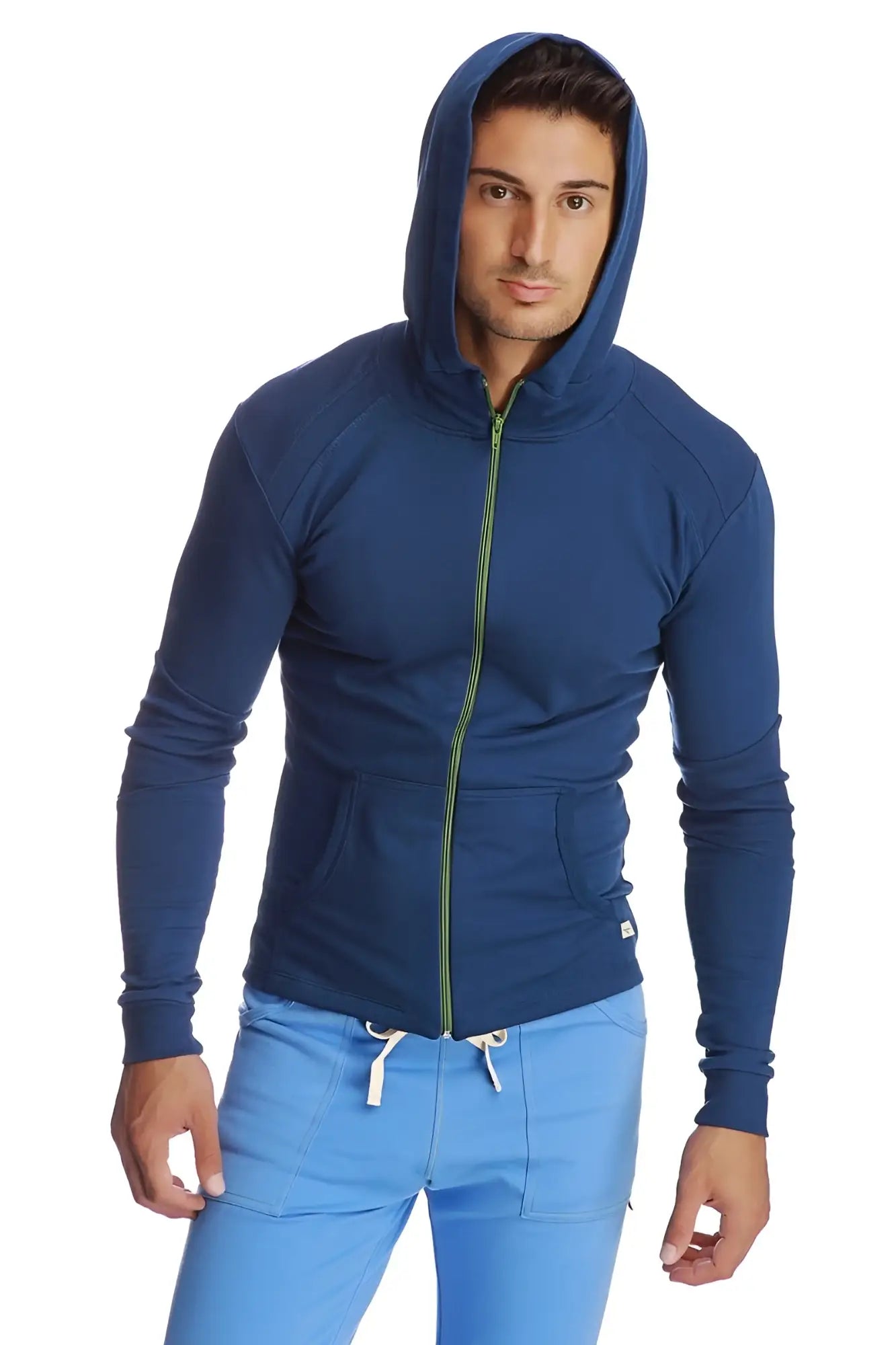 Navy blue form-fit crossover yoga track performance hoodie with lime green zipper and white drawstrings for workouts