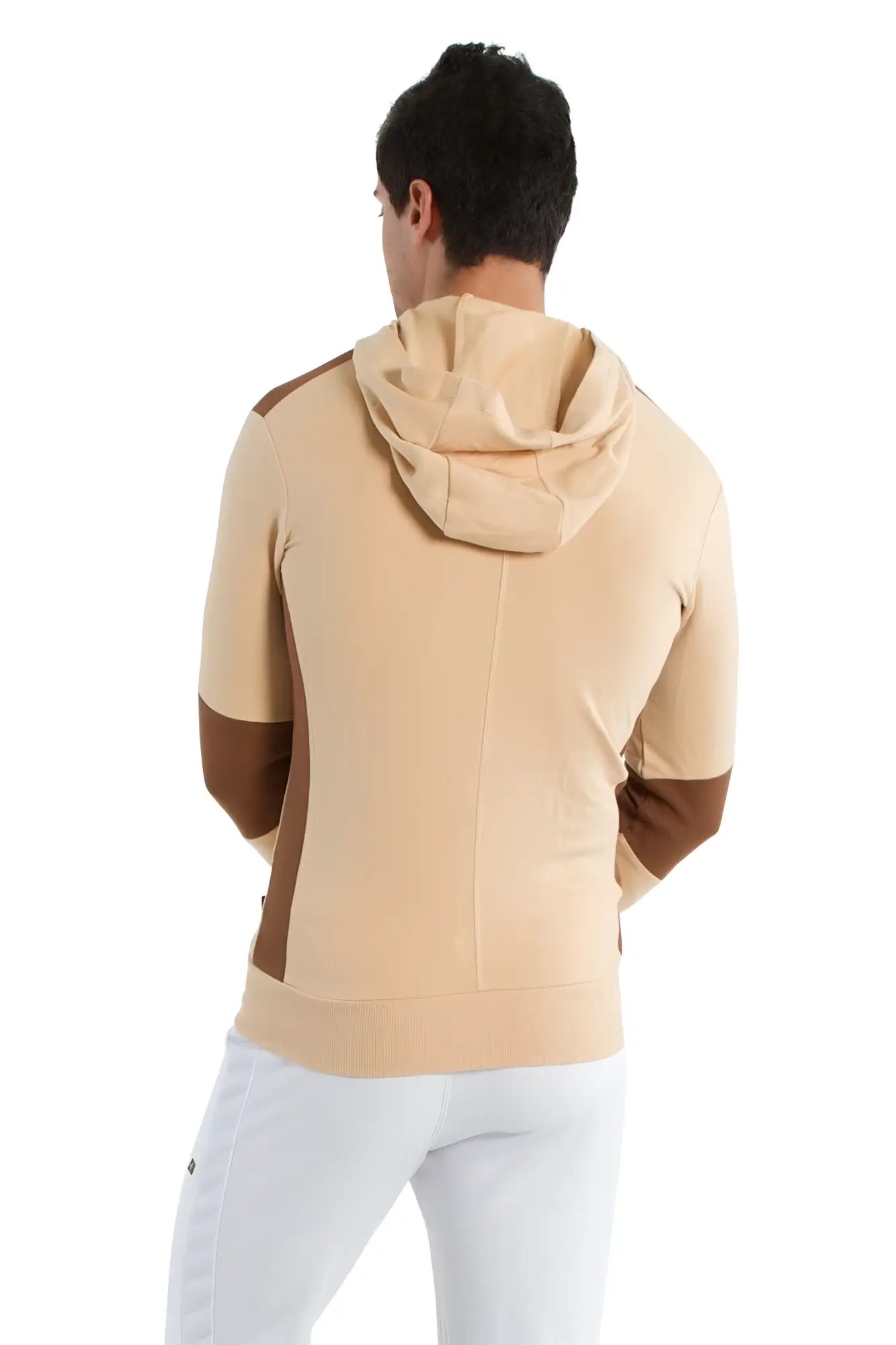Beige and brown color-blocked form-fit crossover yoga track hoodie with sleek modern design for performance wear