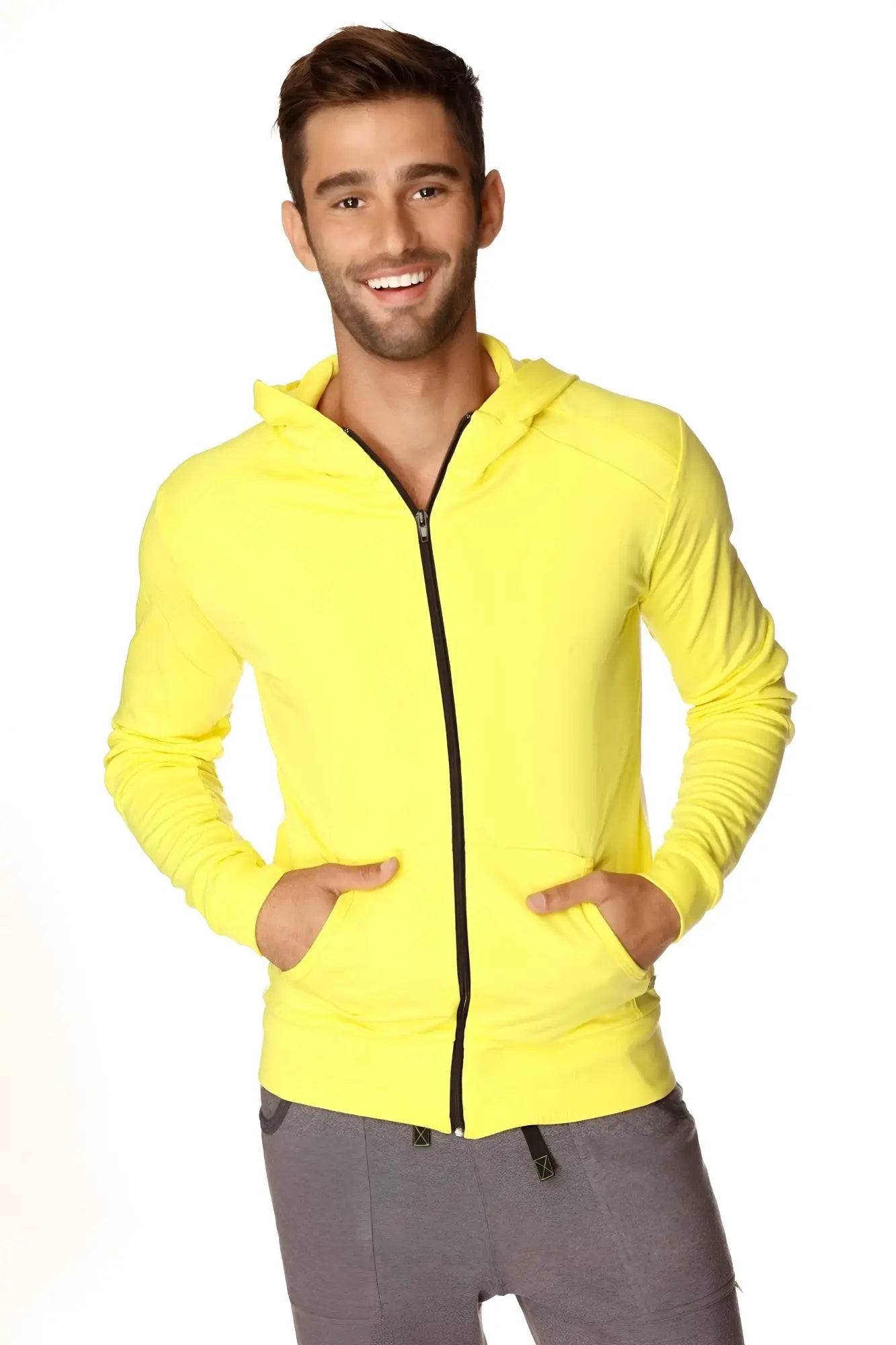 Form-fit crossover yoga track performance hoodie in bright tropic yellow with black zipper and front pockets