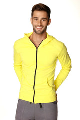Form-fit crossover yoga track performance hoodie in tropic yellow with black zipper and front pockets for active wear