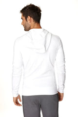 White form-fit crossover yoga track hoodie with black zipper soft smooth fabric and relaxed fit long sleeves