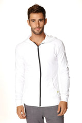 Form-fit crossover yoga track performance hoodie in white with black zipper and subtle side pockets for active wear