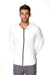 Form-fit crossover yoga track performance hoodie in white with black zipper and subtle side pockets for active wear