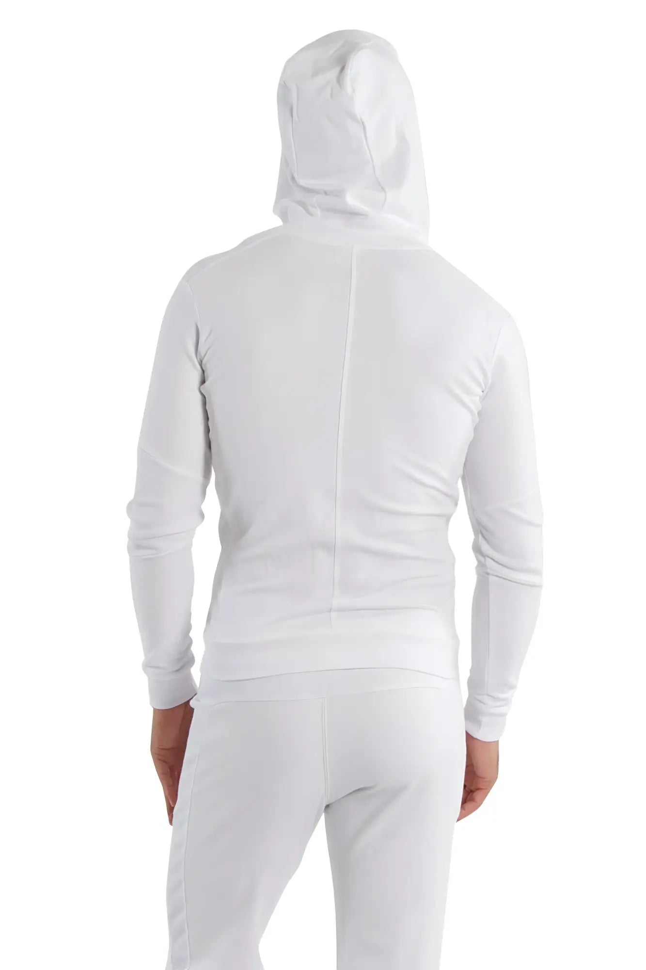 Form-fit crossover yoga track performance hoodie in white with green zipper featuring sleek long sleeves and a hood