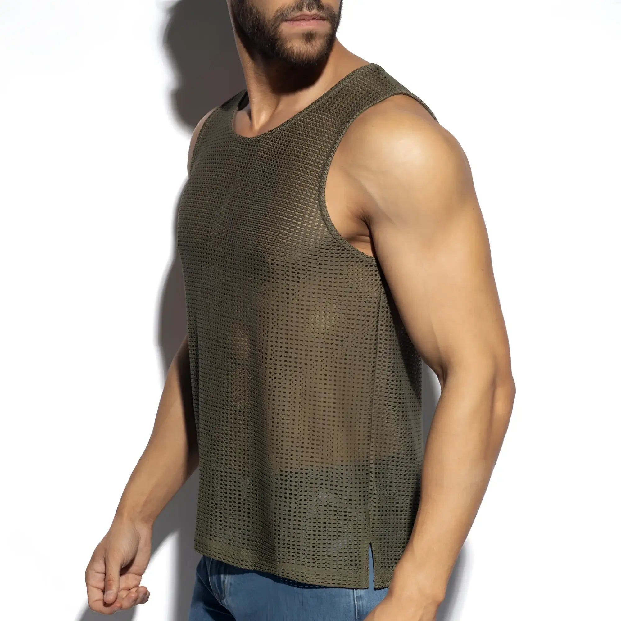 Olive green formentera retro tank top featuring breathable mesh material and a sleeveless design for casual wear