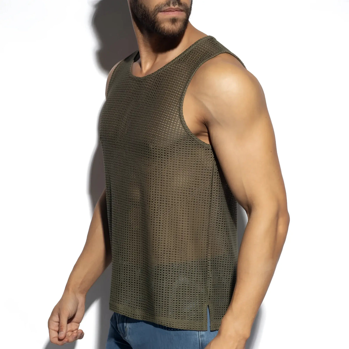 Olive green formentera retro tank top featuring breathable mesh material and a sleeveless design for casual wear