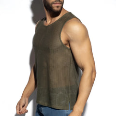 Olive green formentera retro tank top featuring breathable mesh material and a sleeveless design for casual wear