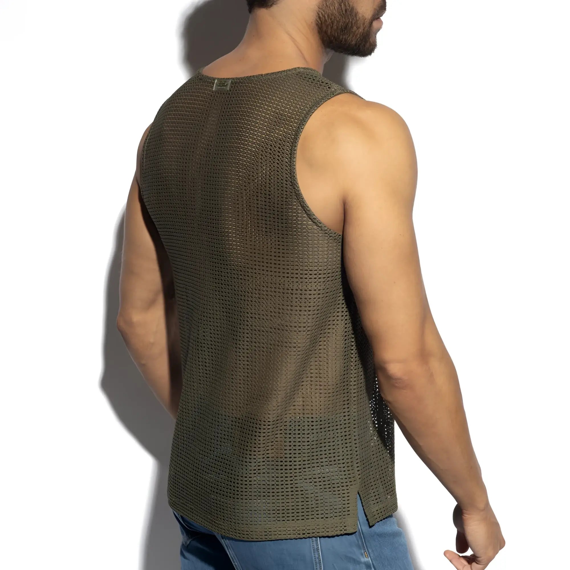 Formentera retro tank top in olive green mesh with subtle textured pattern and small metallic clasp at neckline