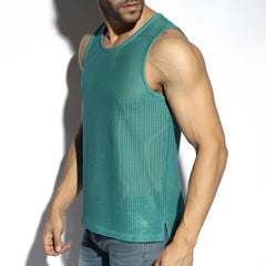Teal mesh sleeveless formentera retro tank top featuring breathable fabric and a retro-inspired design